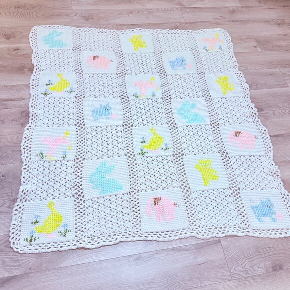 Crochet Baby Toddler Blanket Afghan Throw Unisex Pastel Animal Motif Shower Gift - Picture 2 of 12